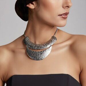 Statement Silver Tone Hammered Bib Necklace Boho Tribal Textured Crescent Coll